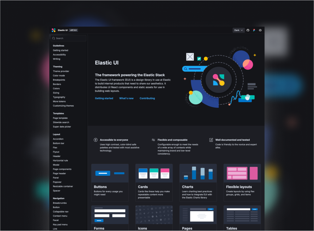 Screenshot of the 'Colors' page of the EUI UI documentation site with lots of information around how to use specific color tokens.